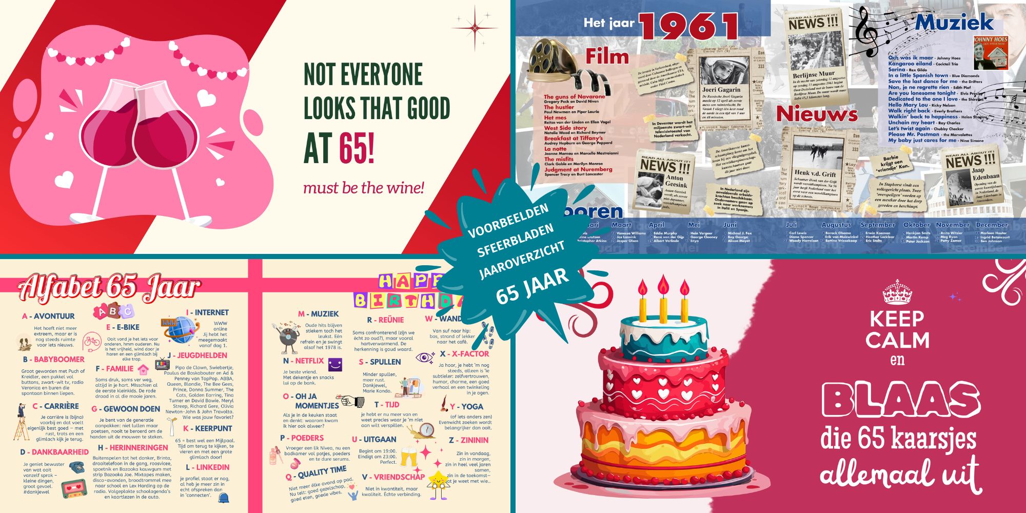 Sfeerbladen en jaaroverzichten in een vriendenboek voor een 65e verjaardag