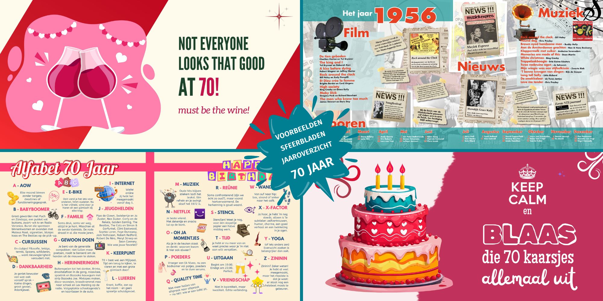 Sfeerbladen en jaaroverzichten in een vriendenboek voor een 70e verjaardag