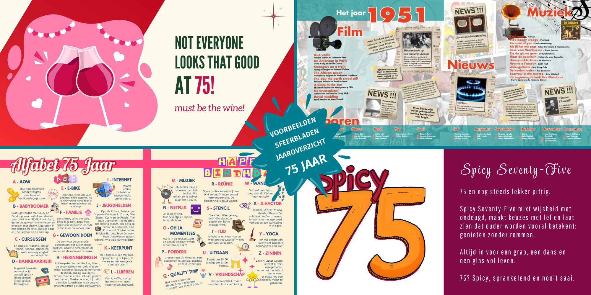 Voorbeelden van sfeerbladen en jaaroverzichten in een vriendenboek voor een 75e verjaardag