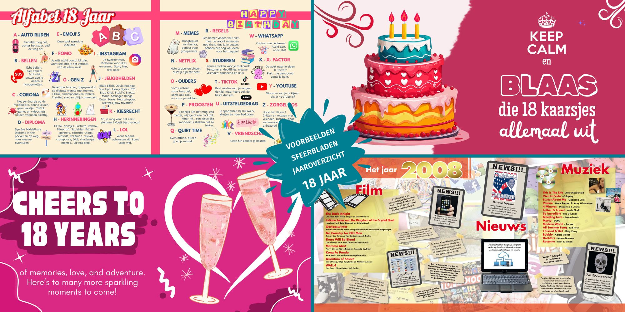 Sfeerbladen en jaaroverzichten in een vriendenboek voor een 18e verjaardag