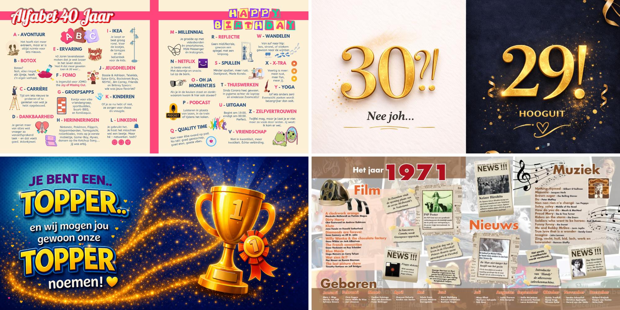 Voorbeelden van sfeerbladen en jaaroverzichten in een vriendenboek voor de verjaardag van een collega