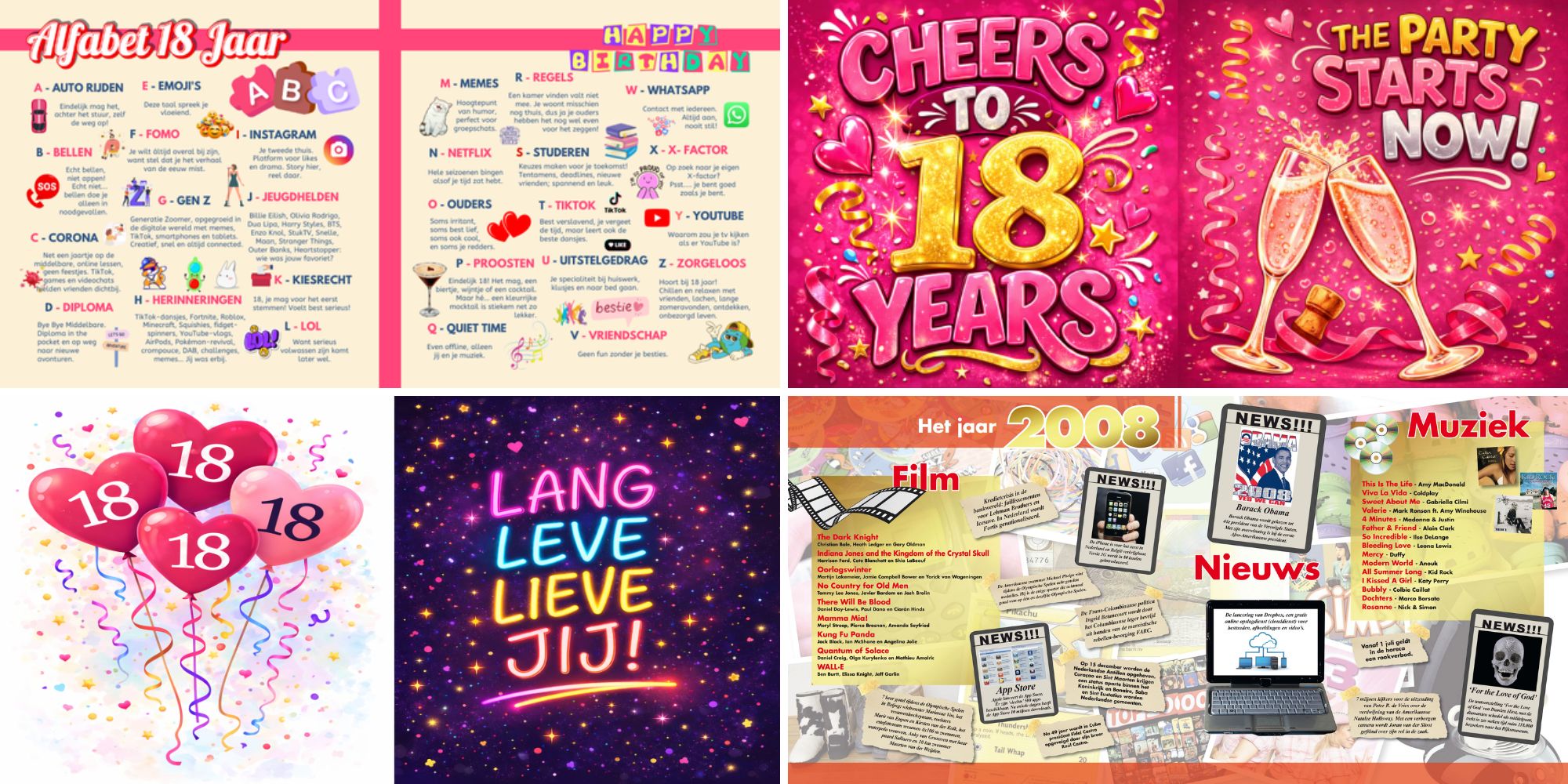 Sfeerbladen en jaaroverzichten in een vriendenboek voor een 18e verjaardag