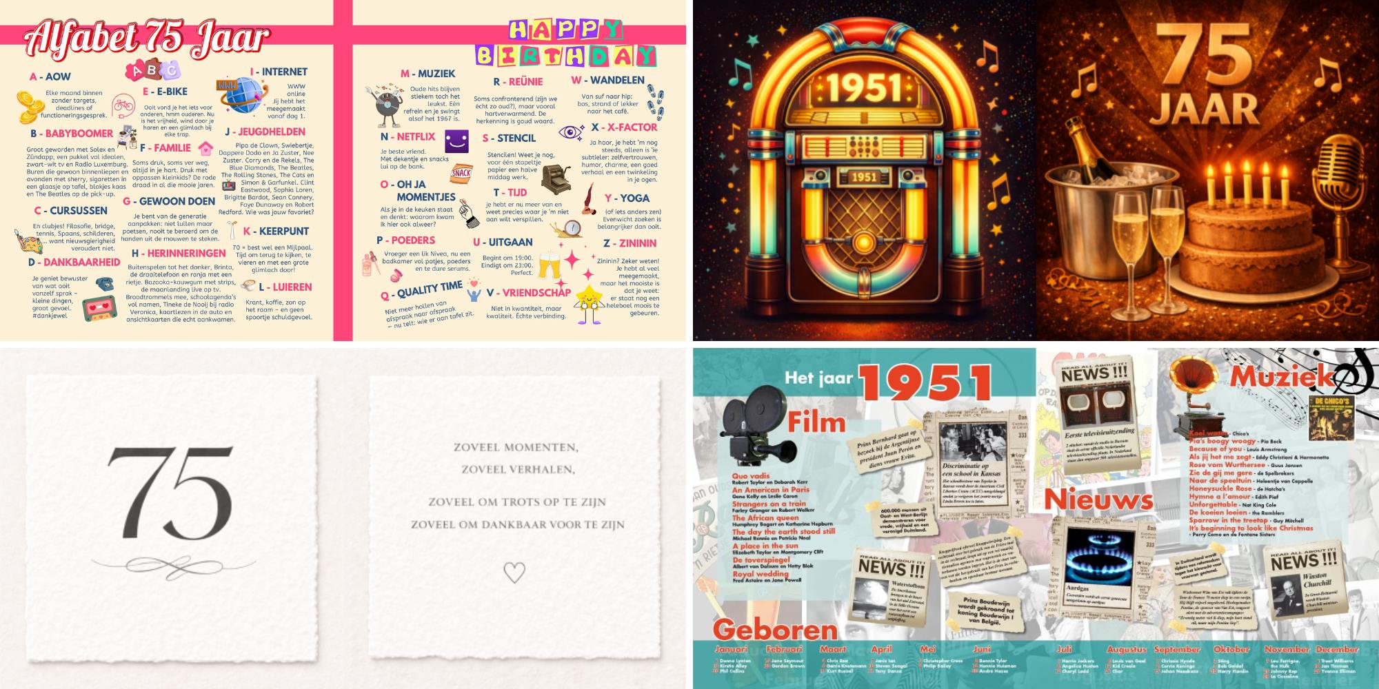 Voorbeelden van sfeerbladen en jaaroverzichten in een vriendenboek voor een 75e verjaardag