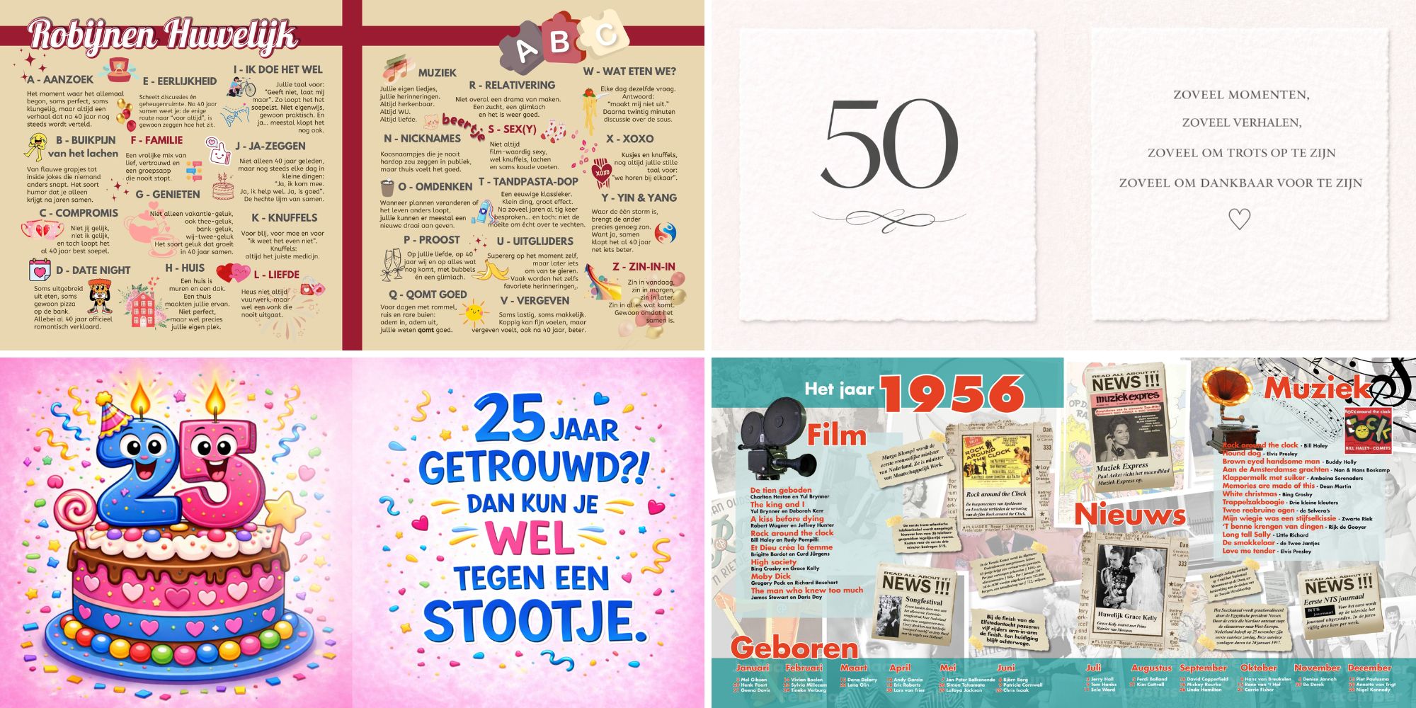 Sfeerbladen en jaaroverzichten voor een huwelijksjubileum