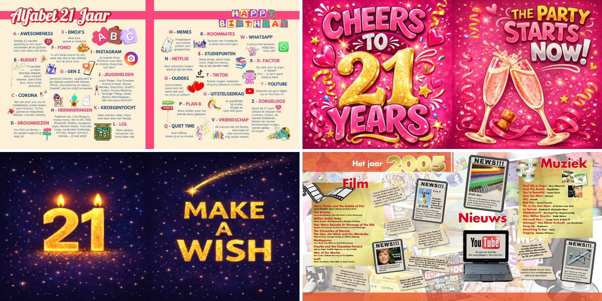 Sfeerbladen en jaaroverzichten in een vriendenboek voor een 21e verjaardag