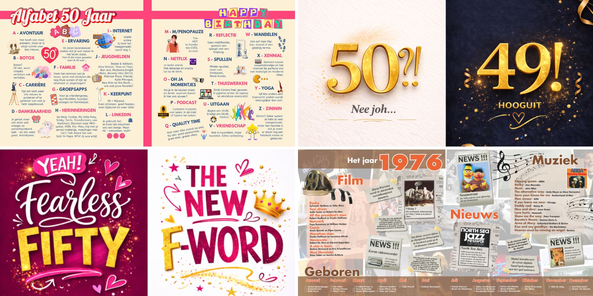 Sfeerbladen en jaaroverzicht 50 jaar in een vriendenboek voor een Sara of Abraham verjaardag