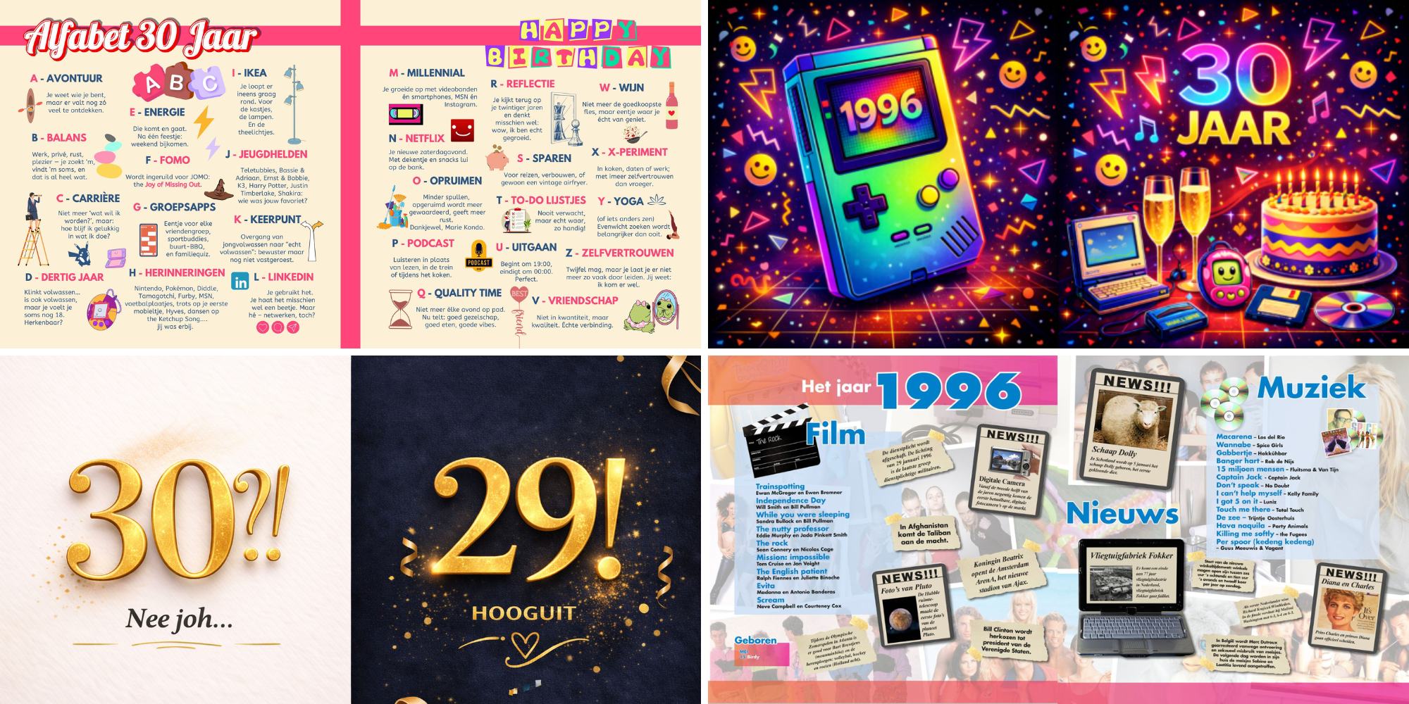 Sfeerbladen en jaaroverzichten in een vriendenboek voor een 30e verjaardag