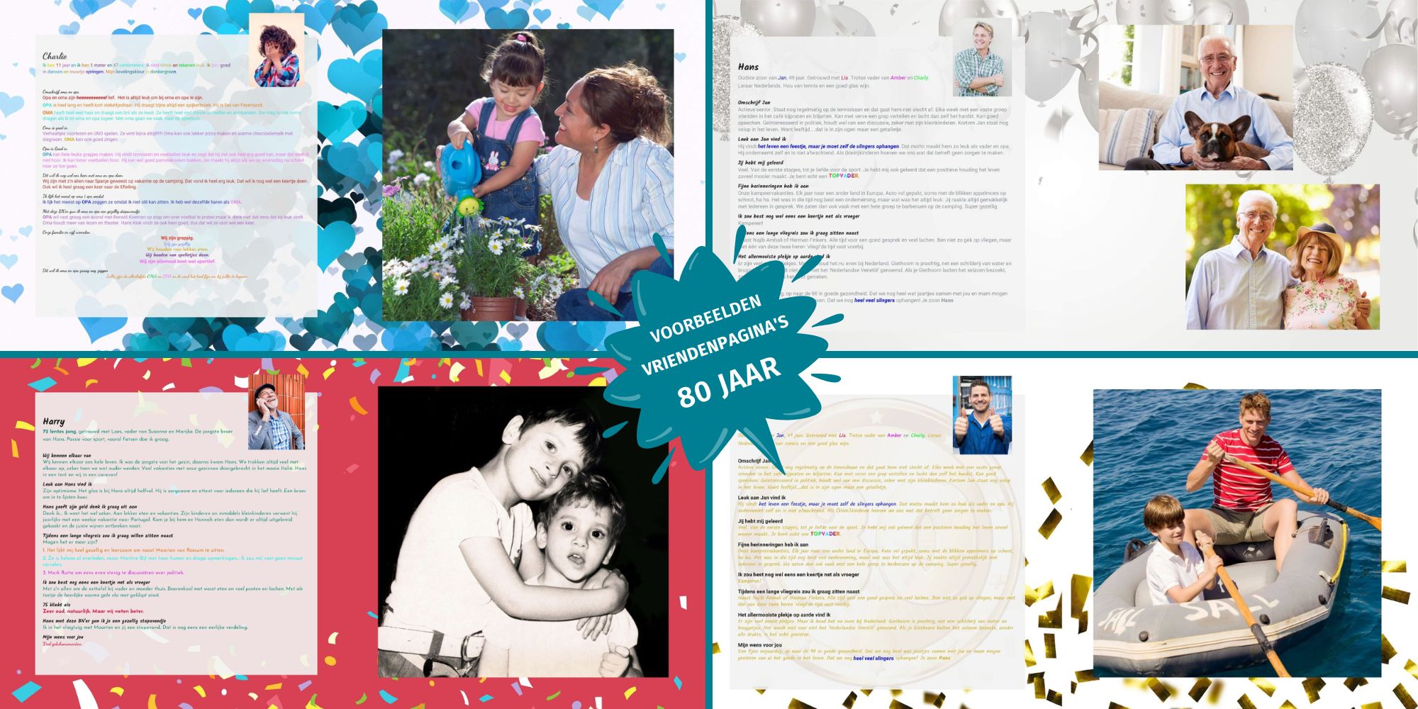 Voorbeelden van ingevulde vriendenpagina’s in een vriendenboek voor een 80e verjaardag