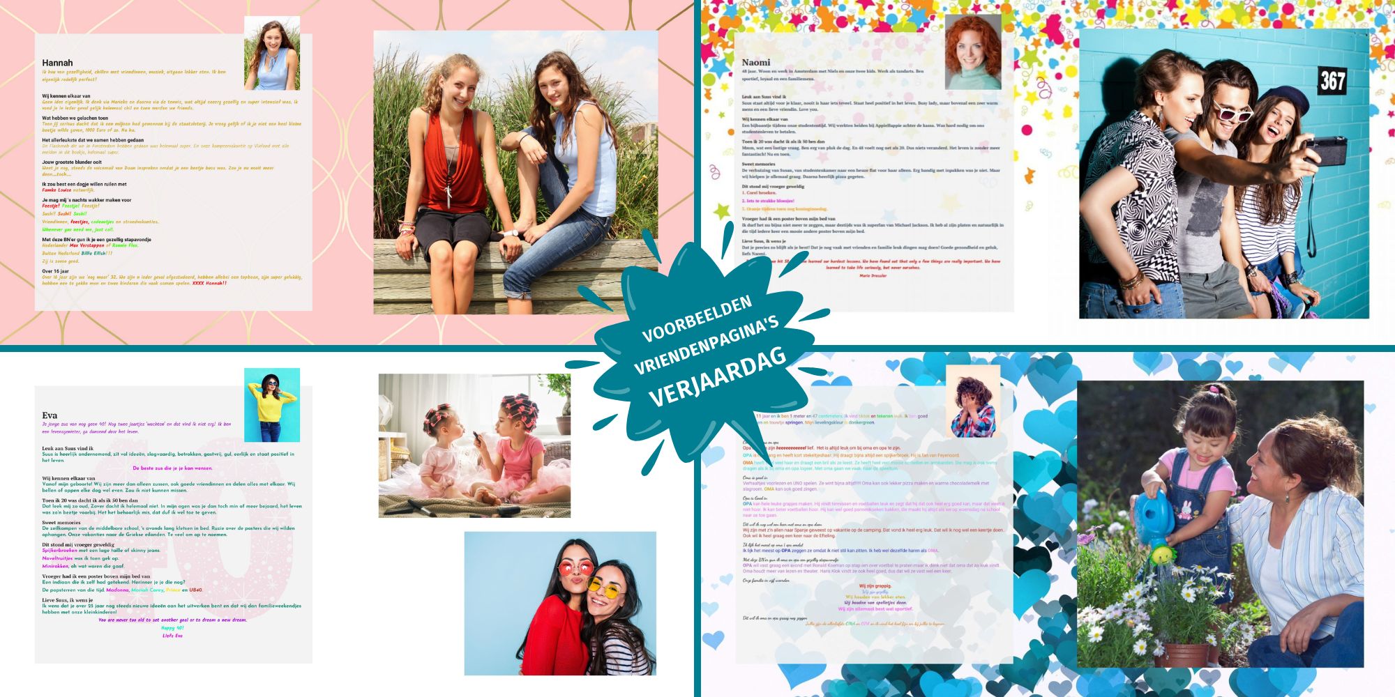 Voorbeelden van ingevulde vriendenpagina’s in een vriendenboek voor een verjaardag