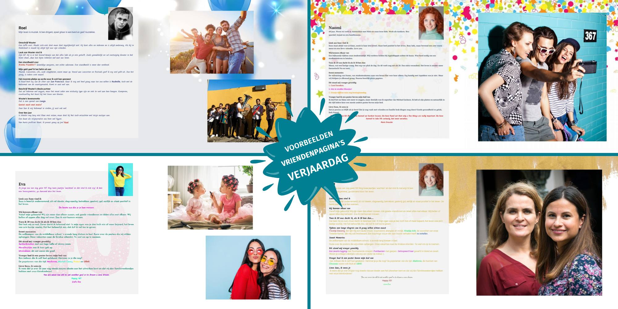 Voorbeelden van ingevulde vriendenpagina’s in een vriendenboek voor de verjaardag van een collega