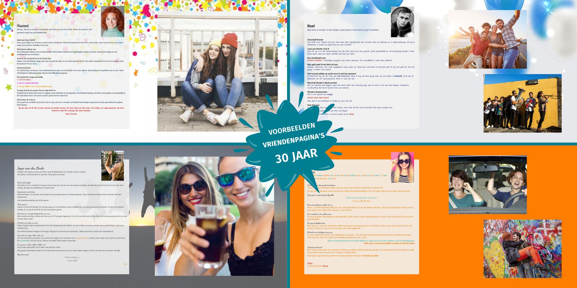 Voorbeelden van ingevulde vriendenpagina’s in een vriendenboek voor een 30e verjaardag met persoonlijke teksten en foto’s