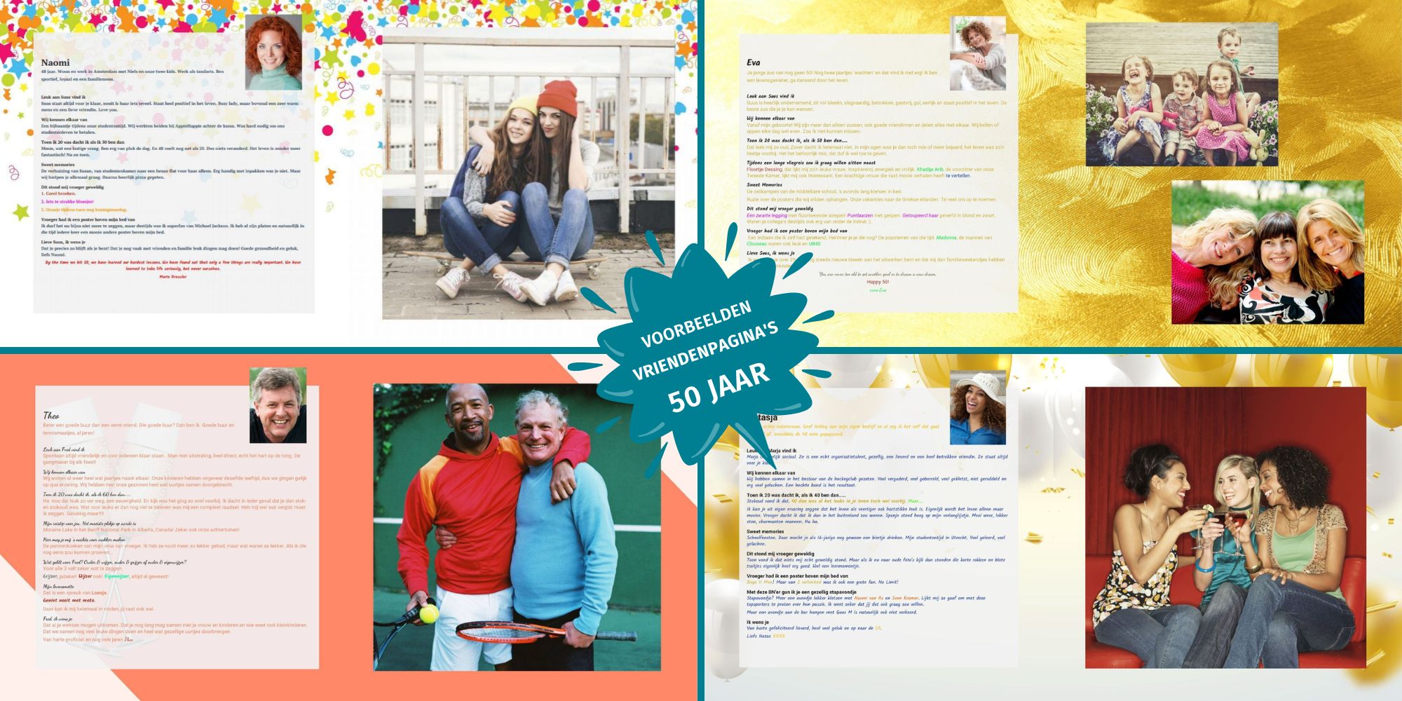 Voorbeelden van ingevulde vriendenpagina’s in een vriendenboek voor een 50e verjaardag met foto’s, herinneringen en persoonlijke teksten