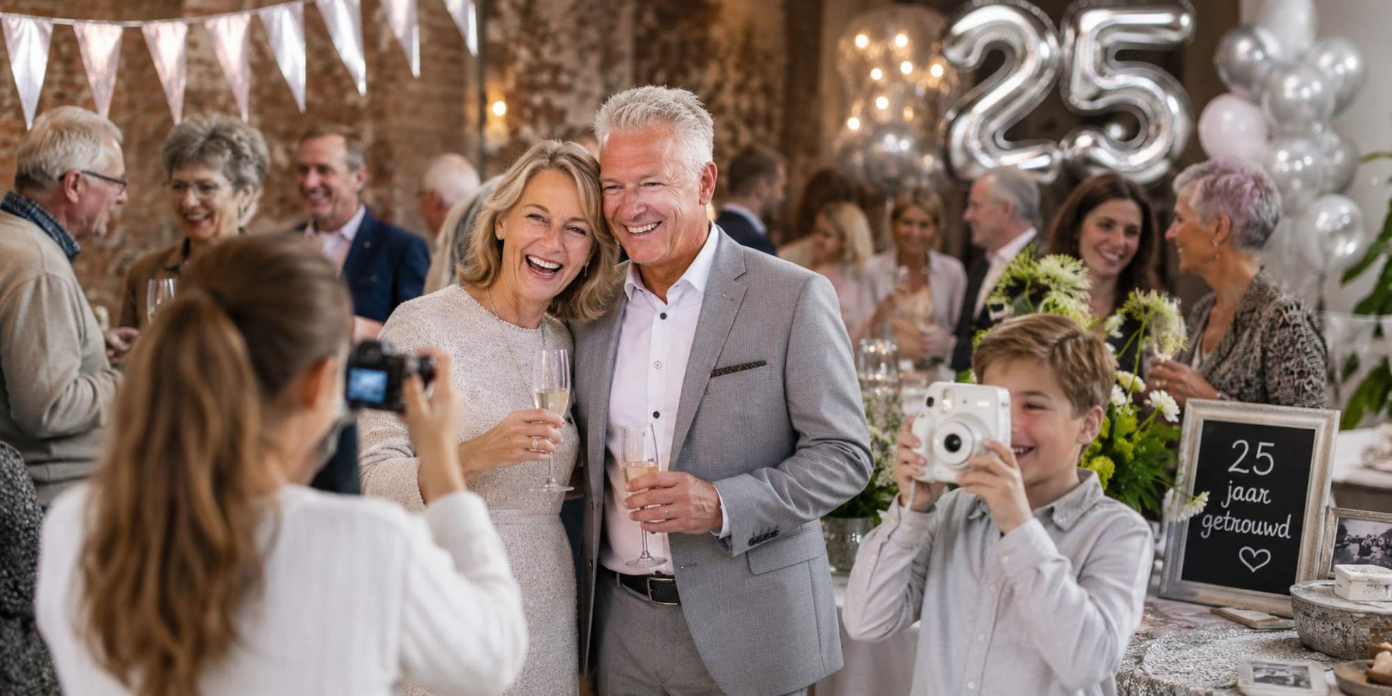 foto's van gasten tijdens een zilveren huwelijk